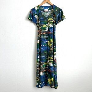 Jams World Midi Dress Small Button Up Flowy Sleeve Monet Rare Vintage Print Blue